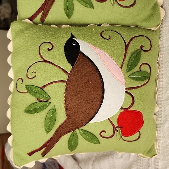Handmade folk art birds on branch felt embroidered on decorative pillows earthy - Picture 2 of 9